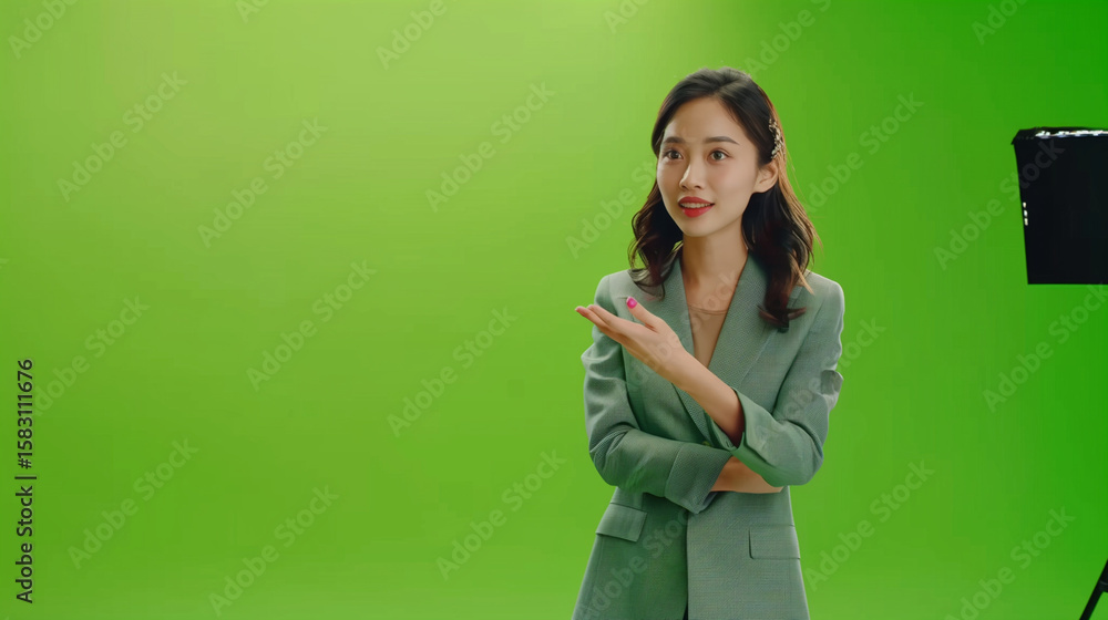Asian Businesswoman Gesturing with Hand in Front of Green Screen – Studio Shot for Presentation Use Asian Businesswoman Gesturing with Hand in Front of Green Screen – Studio Shot for Presentation Use