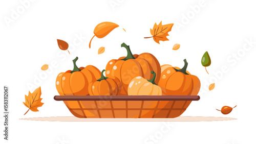 Fall harvest pumpkins in basket autumn leaves thanksgiving seasonal decoration festive still life design