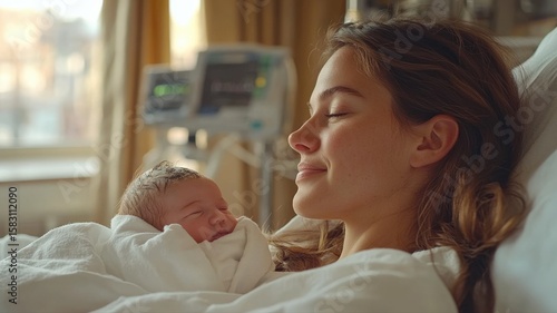New mother resting peacefully with her newborn baby in hospital bed