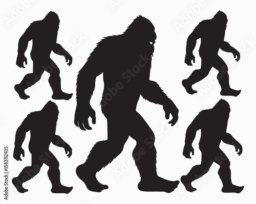 Bigfoot silhouette, mythical creature silhouette sequence. Ideal bigfoot for cryptozoology, folklore enthusiasts. Mysterious walking beast, legend, Sasquatch, Yeti, enigma, shadowy figure 