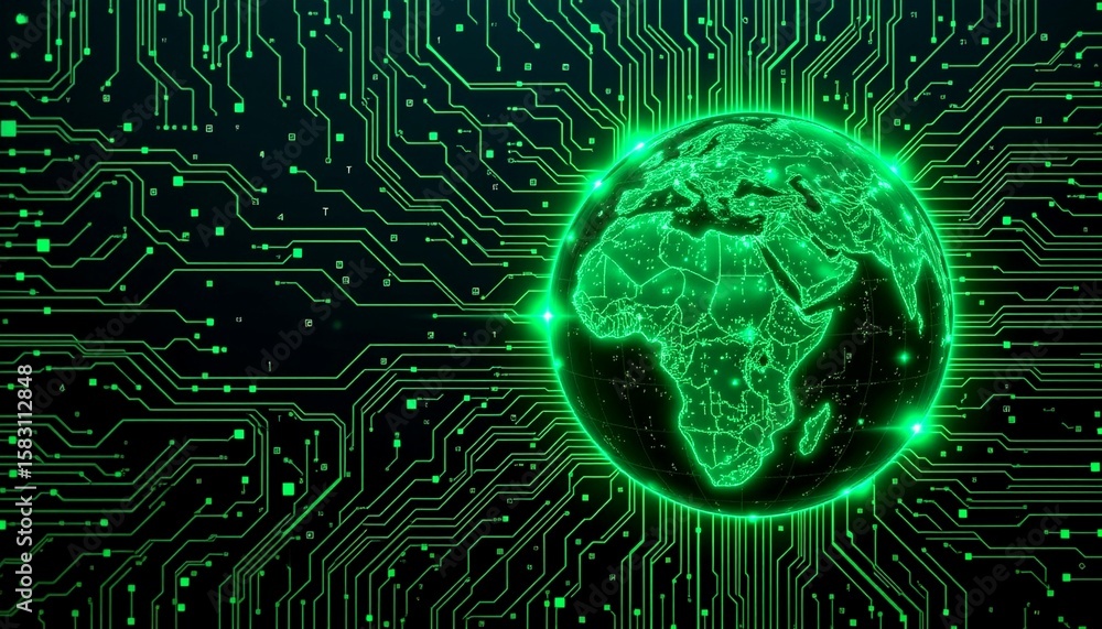 Obraz premium Digital world map with a modern high-tech theme, featuring the Earth in a futuristic style, rendered with neon lines and digital patterns. The image symbolizes connectivity.