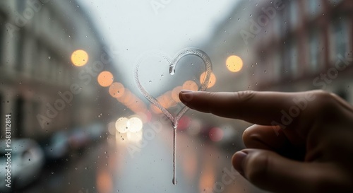 A serene image of a heart shape drawn with a finger on a steamy, fogged-up window, with a rainy city street blurred outside.