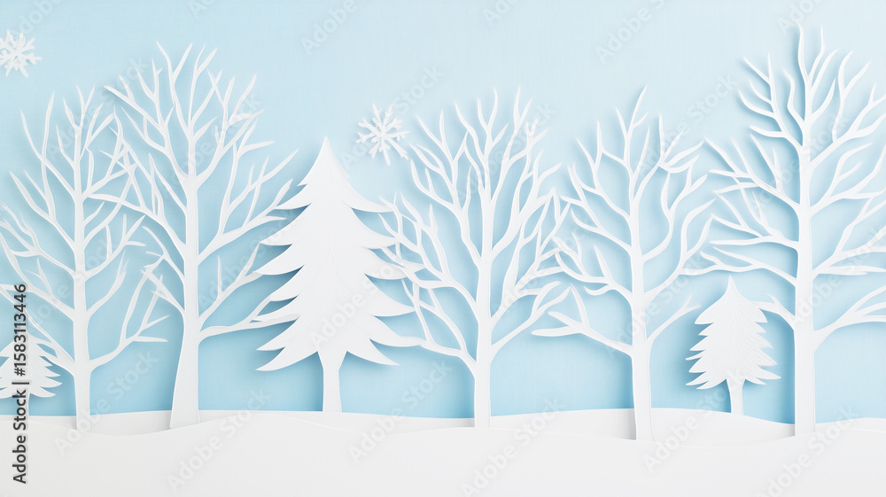 Fototapeta premium White paper cut mixed trees standing in row in winter forest, handmade blue Christmas background