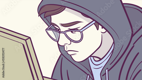 Illustration of coder programmer developer working on computer software development coding project