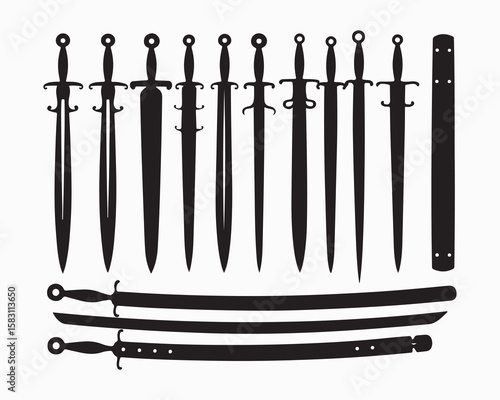 Sword silhouette collection, swords vector illustration. Medieval sword, dagger, cross guard. Black weapon designs, different shapes and styles isolated on white background