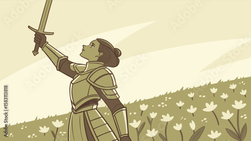 Illustration of female knight with sword in field of flowers art vector drawing design graphic medieval armor