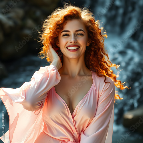 Vibrant redhead with fiery curls smiling in a forest stream setting, Generative AI