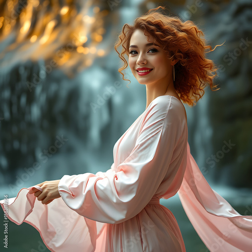 Carefree redhead laughing outdoors in a pink robe, nature portrait, Generative AI