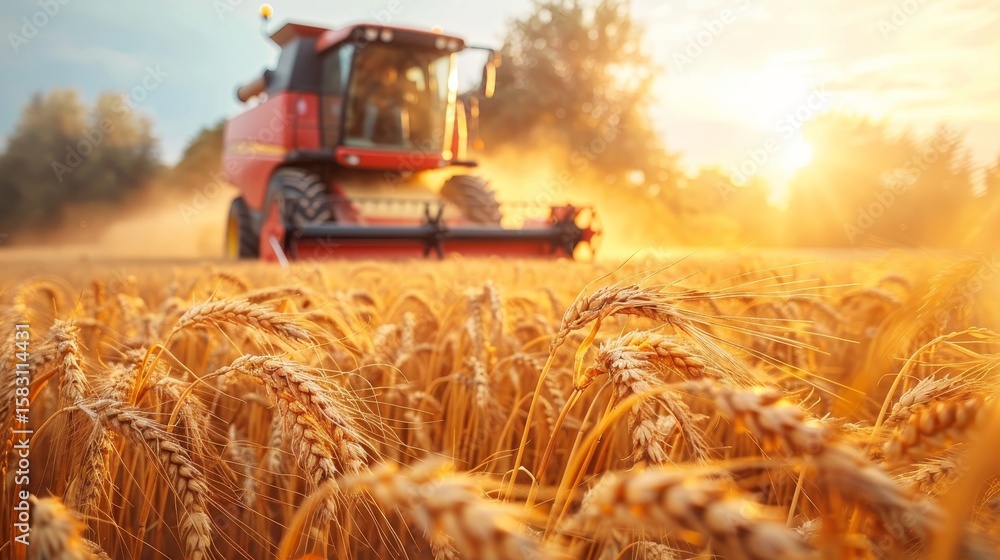 Fototapeta premium Golden harvest combine harvester working efficiently in wheat field under clear blue sky
