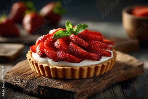 A small strawberry tart with a golden flaky crust sits on a rustic wooden surface