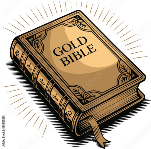 An illustration showcasing a gold bible with light rays emanating from it
