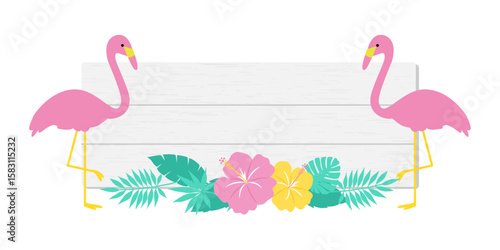 Flamingo and Hibiscus with White Wood Frame – Tropical Summer Decoration (Vector)