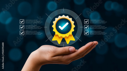 Golden award with checkmarks and human hand certificate