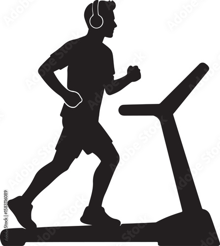 man in wireless headphones jogging on treadmill silhouette design vector illustration