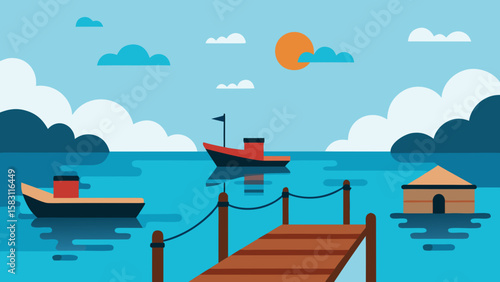 Peaceful Island Dock with Boats at Sunrise