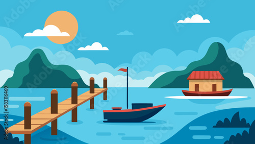Peaceful Island Dock with Boats at Sunrise