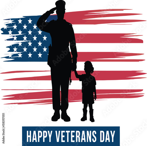 Honoring Veterans on Veterans Day shows respect, depicting a soldier saluting with a child, set against a patriotic American flag backdrop.