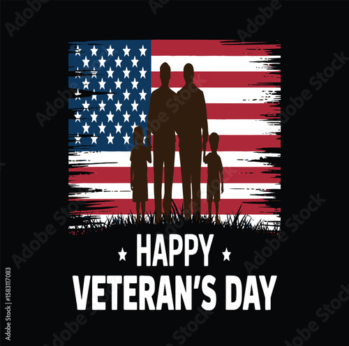 Honoring veteran's day with a patriotic family scene against an American flag backdrop in a heartfelt tribute graphic.