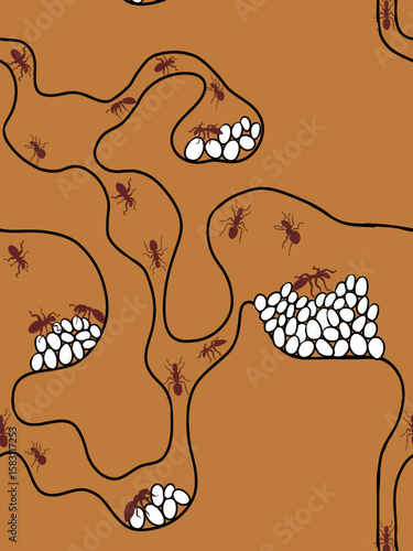 Vector pattern with ants in an anthill - organic seamless pattern for packaging and decorative paper.