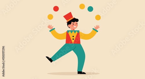 Cute Cartoon Ringmaster Juggling Colorful Balls