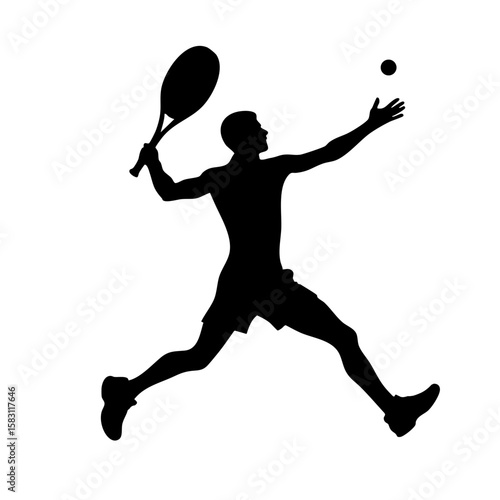 Silhouette of male tennis player jumping to hit a ball with racket  