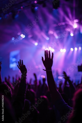 indoor festival scene filled with a crowd of raised hands swaying to the rhythm of the music