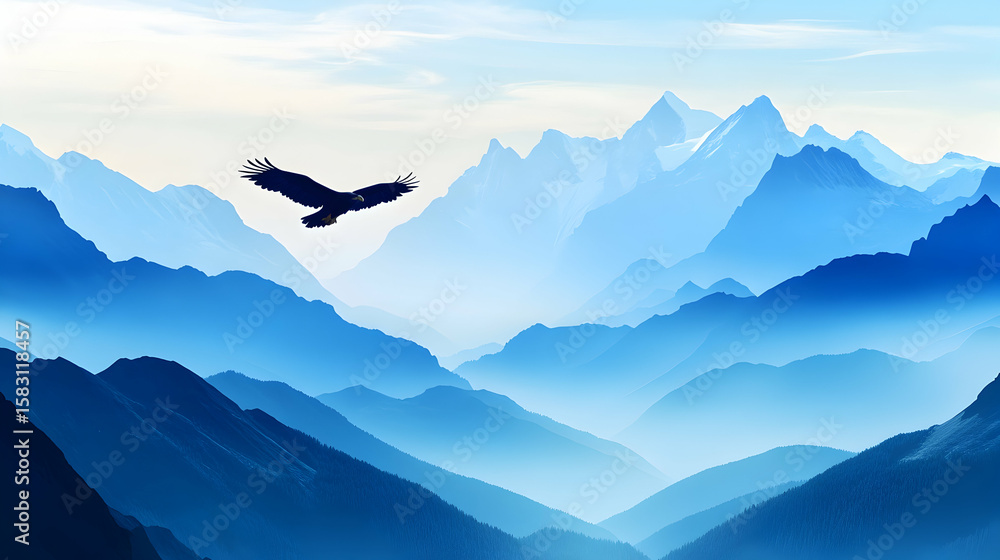 Fototapeta premium Eagle Flight Over Blue Mountain Ranges Serene landscape with a silhouette of an eagle soaring above layered blue mountains creating a peaceful vista nature scenic freedom wild adventure