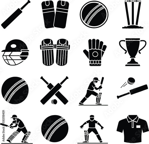 Sporting elements for a cricket game, designed with a cohesive set of icons, perfect for representing the sport in various digital and print formats.