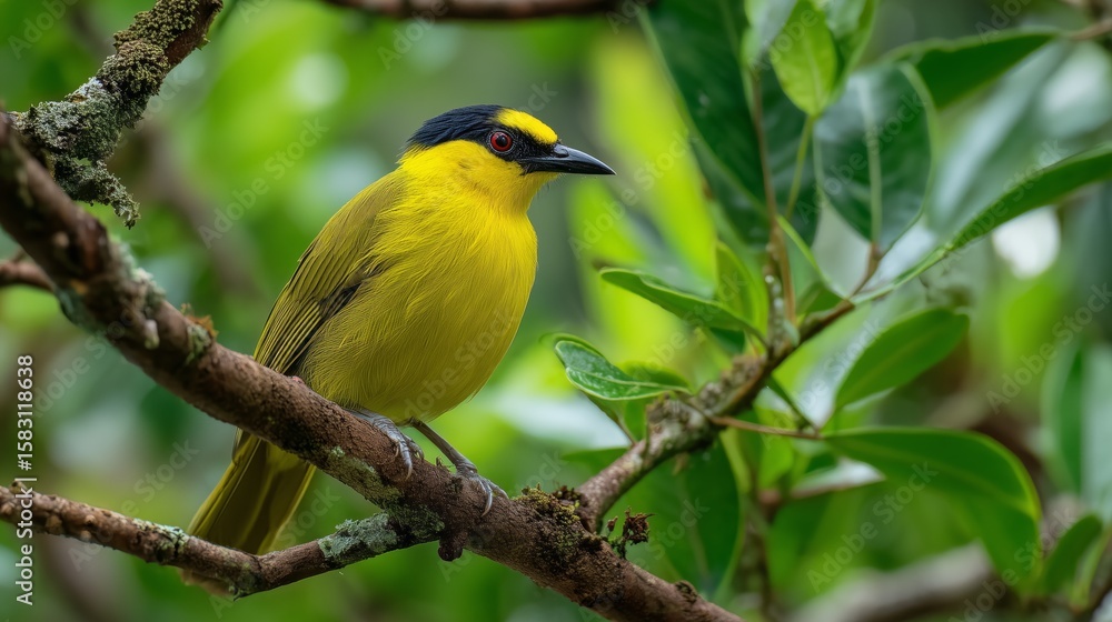 Fototapeta premium colorful bird perched on tree branch in dense green foliage