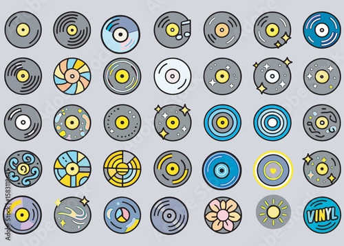 Collection of Colorful Vinyl Record, LP, and Vintage Music Icons