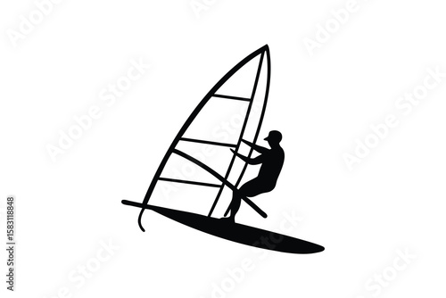 Windsurfer Gliding on Water A Dynamic Black Silhouette Against White Background Capturing the Essence of Summer Sports and Water Activities silhouette