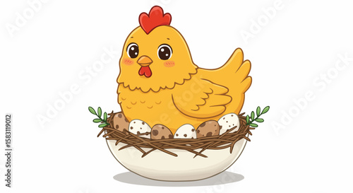 Cartoon Hen Sitting on Eggs in a Nest