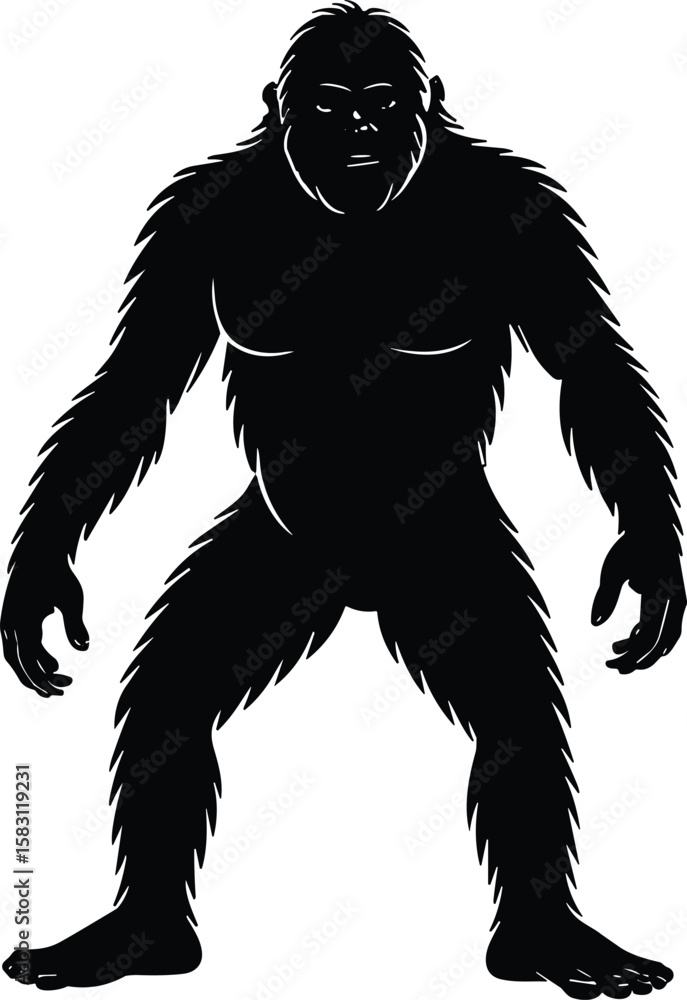 Fototapeta premium Bigfoot Silhouette Vector in Forest Landscape, Sasquatch Clipart Design – Mythical Creature Illustration, Forest Monster Bigfoot SVG – Outdoor Adventure Design, Retro Bigfoot Design – Mountain Camping