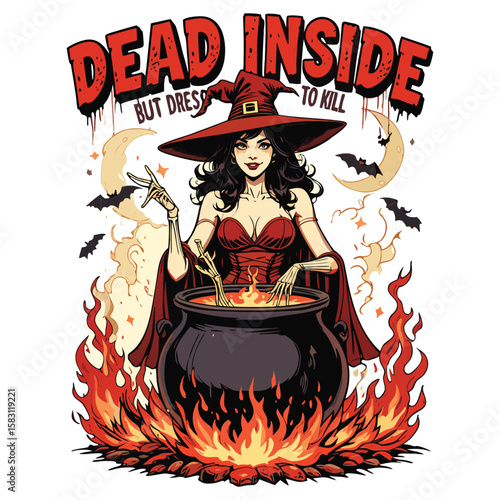 Sexy Witch Halloween T-Shirt Design – “Dead Inside But Dressed to Kill” with Cauldron and Fire