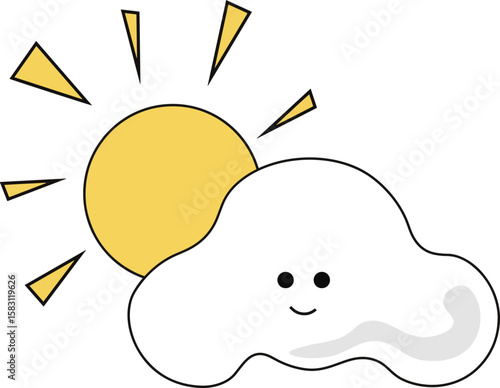 Cute cartoon-style vector illustration of a smiling cloud partially covering the sun, with yellow rays radiating outward.
