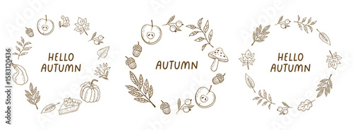 Hand draw autumn collection. Leaves, berries, pumpkin. Crayon drawing style, autumn design