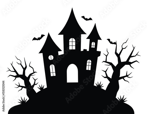 Haunted house halloween vector silhouette in line art style showing creepy mansion with bats flying overhead on dark halloween night for use in horror posters and party invitations

