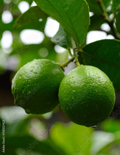 Wallpaper Mural Fresh Green Limes on Tree with Water Drops – Close-Up Organic Citrus Fruit in Natural Garden Torontodigital.ca
