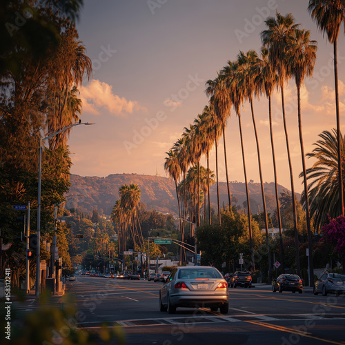 Sunset Drive in Los Angeles Palm Trees and Hollywood Hills
