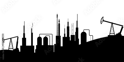 Oil gas in silhouette design. Oil industry, gas production. Petroleum pipelines. Oil industry extraction and refinery production. Petroleum industry, vector cartoon illustration