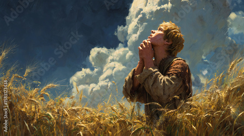 Young prophet Jeremiah praying in a wheat field, devout teenager in sincere supplication to God, biblical Old Testament story of faith and devotion, emotional plea, spiritual trust and repentance.

