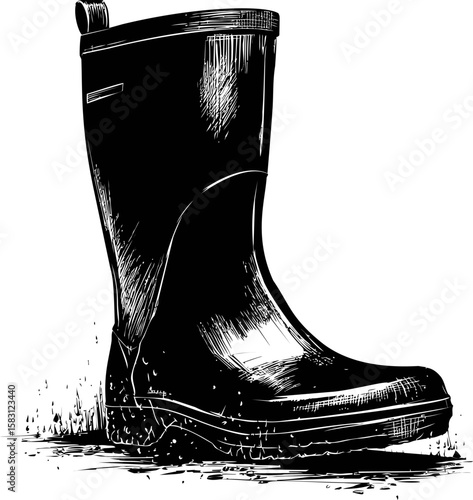 Black and white illustration of a rubber boot with water splashes