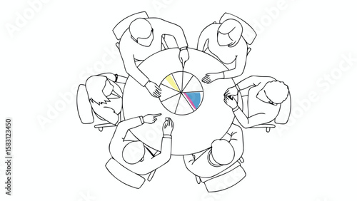 Overhead view of people sitting around a round table with a pie chart in the center of the table