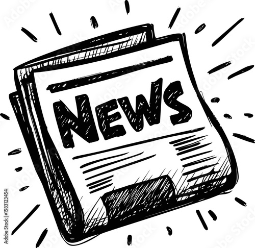 Black and white sketch of a newspaper with 'news' on front page, doodle style