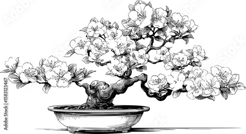 Detailed black and white illustration of blooming bonsai tree in a pot