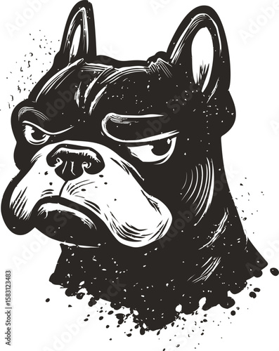 Black and white illustration of a serious bulldog with an ink splash effect