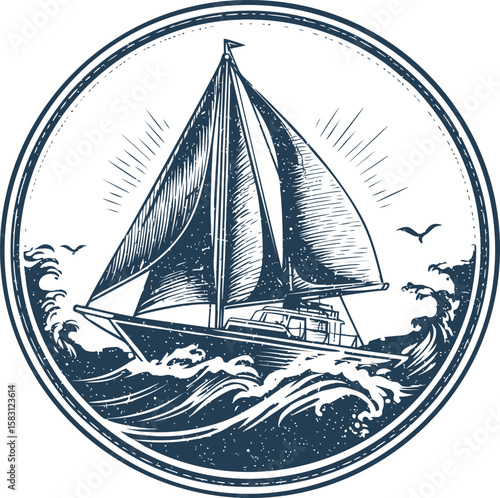 Nautical sailboat in rough sea with waves and birds, classic ink illustration