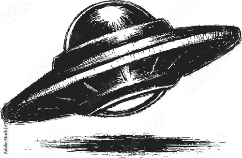Vintage black and white illustration of a flying saucer in sketch style