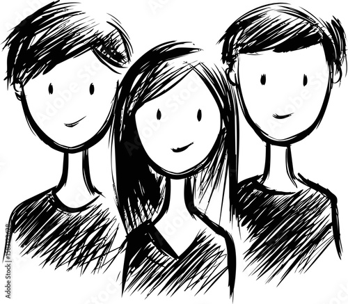 Sketch of three smiling stick figures in black and white monochrome style