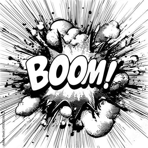 Comic book style explosion with boom text in black and white illustration